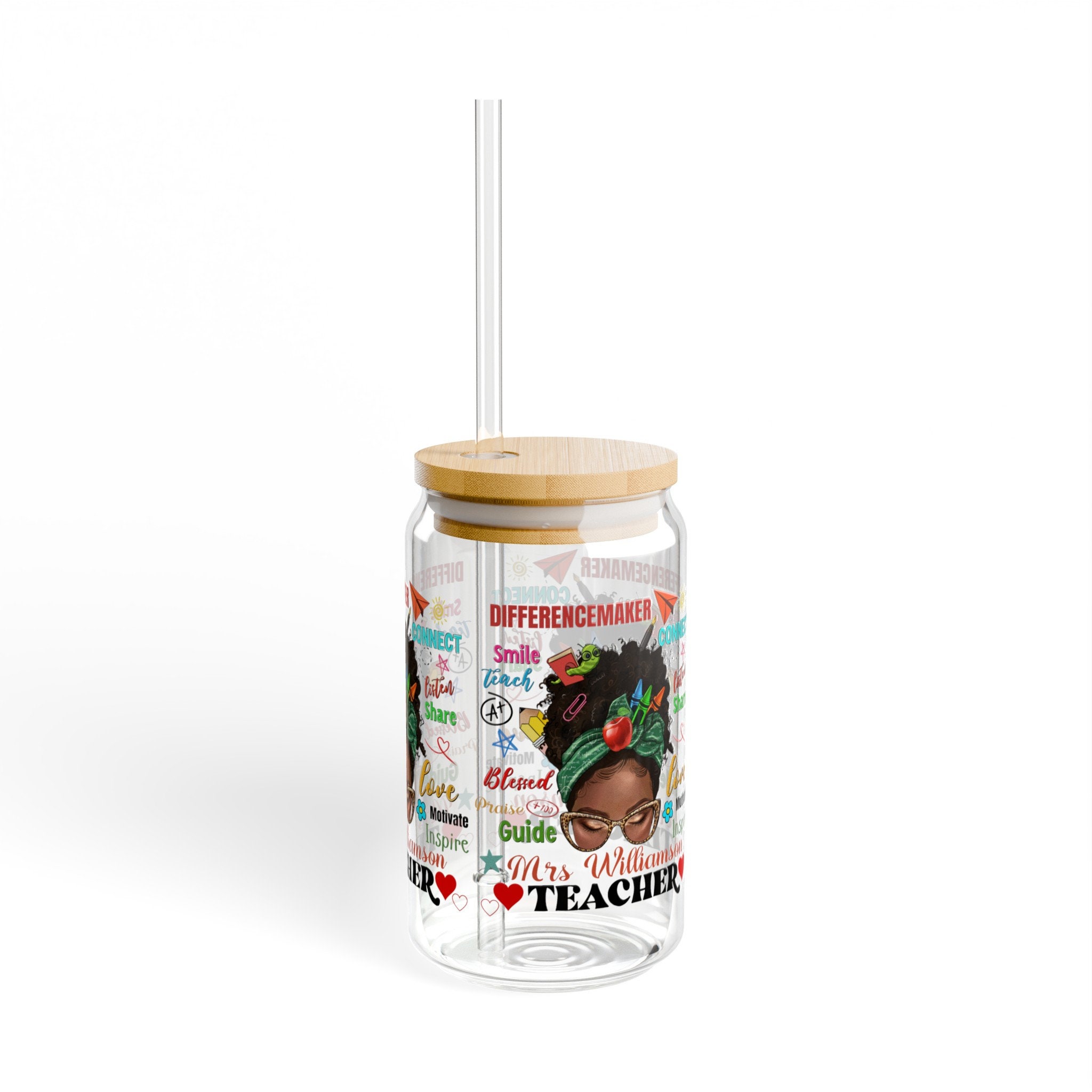 Black Teacher Sipper Glass Tumbler, Personalized Custom Name Tumbler Inspirational Teacher Gift Black Educator Drinkware Unique Teacher Gift