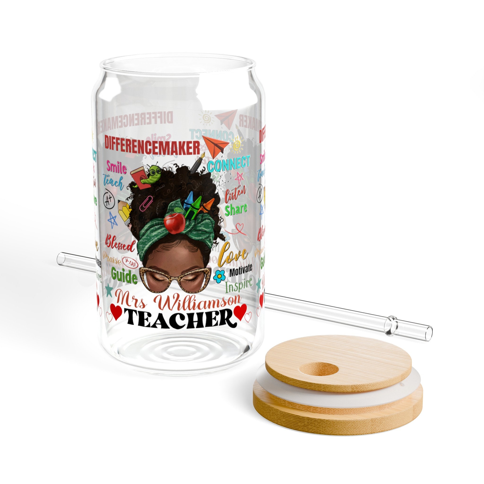 Black Teacher Sipper Glass Tumbler, Personalized Custom Name Tumbler Inspirational Teacher Gift Black Educator Drinkware Unique Teacher Gift