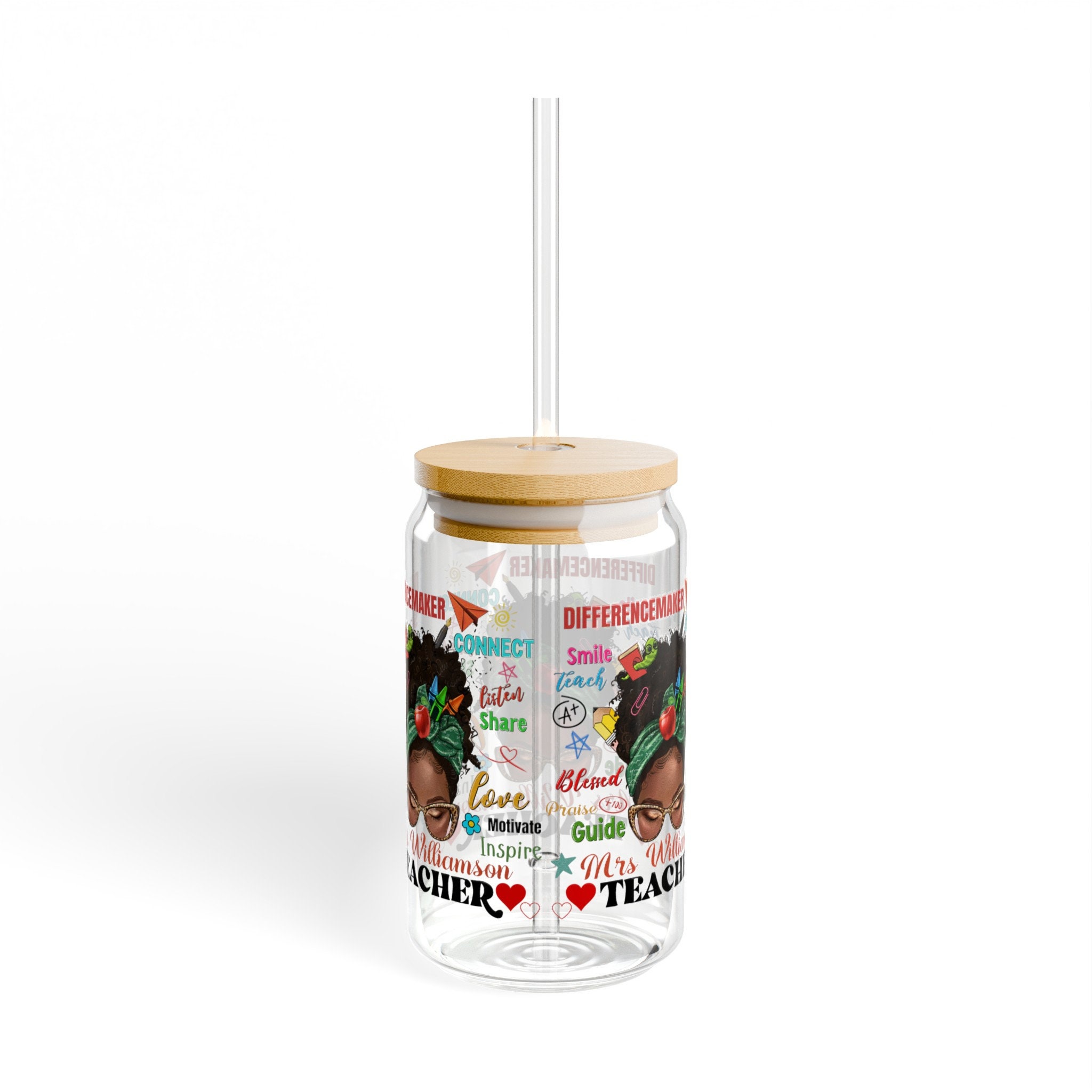 Black Teacher Sipper Glass Tumbler, Personalized Custom Name Tumbler Inspirational Teacher Gift Black Educator Drinkware Unique Teacher Gift