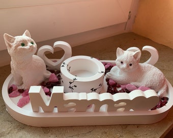 Geschenkset Muttertag Katze Tablett Teelicht