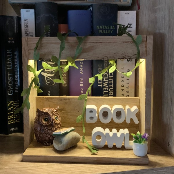 Gufo decorativo per libreria illuminato con libro