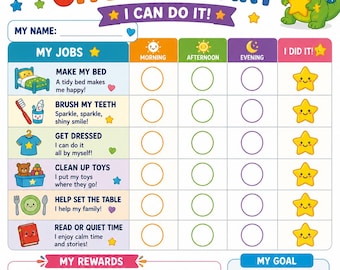 Tableau des tâches quotidiennes des enfants : faire le lit, se brosser les dents, s'habiller, nettoyer les jouets, mettre la table