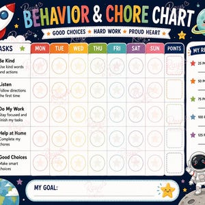 May include: A space-themed behaviour and chore chart with a dark blue background, featuring a rocket, planets, and an astronaut holding a sign that says I CAN I WILL I DID. The grid includes columns for days of the week, task rows, and a rewards section.