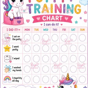 May include: A potty training chart featuring a white unicorn with a rainbow mane, the text My POTTY TRAINING CHART, and I can do it!. It includes a grid for tracking daily tasks like sitting on the potty, wiping, and washing hands, with a You are doing AMAZING! banner.