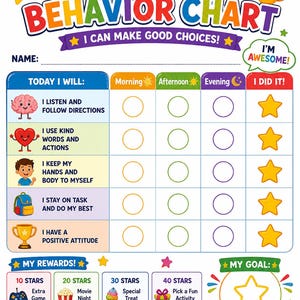May include: A colorful daily behavior chart with the text "My Daily Behavior Chart" and "I Can Make Good Choices!" It includes sections for tracking behavior, with rewards like extra game time and movie night. The chart is designed for children.