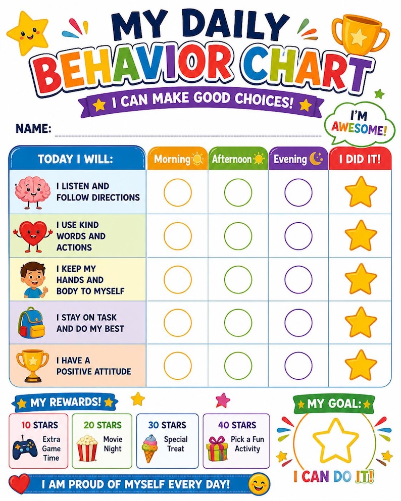 Peut inclure: Un tableau de comportement quotidien color&eacute; avec le texte "My Daily Behavior Chart" et "I Can Make Good Choices!". Il comprend des sections pour suivre le comportement, avec des r&eacute;compenses comme du temps de jeu suppl&eacute;mentaire et une soir&eacute;e cin&eacute;ma. Le tableau est con&ccedil;u pour les enfants.