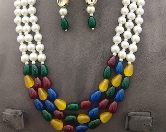 Statement Multicolor necklace, Multicolor Pearl Necklace Statement Necklace.Pearl monalisa neckpiece.Multi-Layer Long Kundan Pearl Necklace.