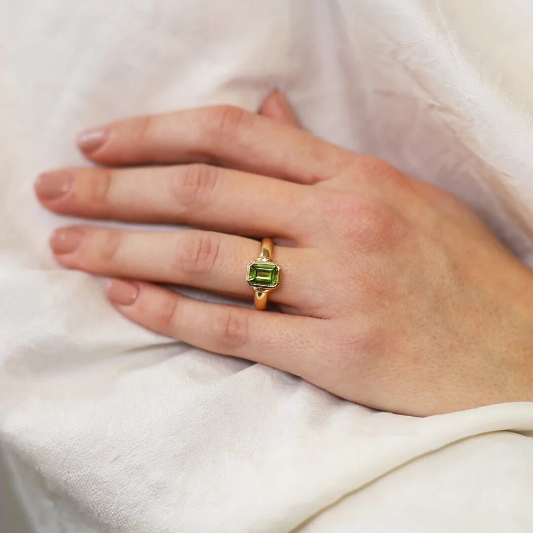 thumbnail image 2 of Natural Peridot Ring – Emerald Cut, 925 Sterling Silver, Stackable Solitaire – Sizes 5–12.5, Avant Gems 2 of 6