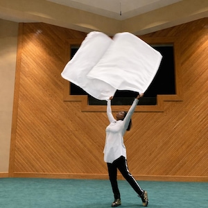 Puede incluir: Una persona sostiene dos grandes banderas blancas en una habitación con paneles de madera y un suelo turquesa. La persona lleva una camisa blanca y pantalones negros con una raya blanca. Las banderas ondean en el aire.