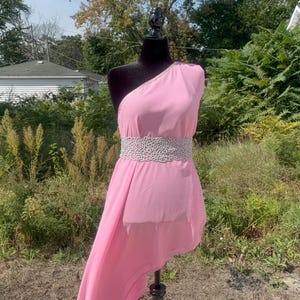 May include: A pink one-shoulder dress with a decorative silver belt is displayed on a black mannequin. The dress has an asymmetrical hemline and a flowing, draped design. The background features greenery and a sunny sky.