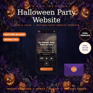 May include: A digital Halloween party website template featuring a mobile interface with a dark manor theme, countdown timer, and RSVP button. The background is decorated with glowing jack-o'-lanterns and purple foliage. Text includes "Halloween Party Website", "RSVP Form Included", "Editable Text", "HTML Template", and "Free Setup Guide".