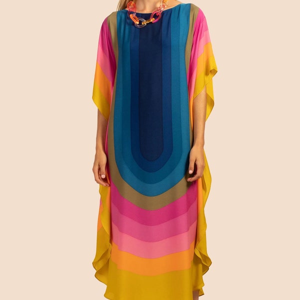 French Moss Kaftan for Woman,Rainbow Style Multicolor Printed Kaftan,Casual Wear Boat Neck Kaftan,long Wear Caftan.