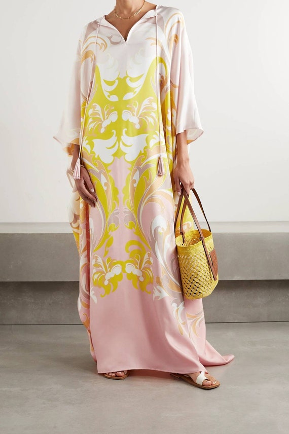 Attractive Printed Satin Silk Casual Wear Kaftan for Women ,maxi