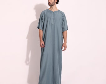 Arabic Long Thobe, Persian Cotton Blend Men Thobes, Islamic Muslim Wear, Robes, Ramadan Gift, Short Sleeve With Pocket Jubba,Kaftan.