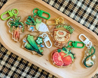 Veggie Keychains | Carrot Daikon Radish Garlic Okra Froggy Keychains | 2 inch Acrylic Double-sided Epoxy Charms