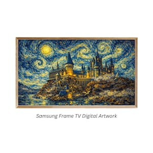 Hogwarts slottskonst | Magisk natthimmel i Van Gogh-stil | Trollkarlsskolans inspiration | TV-bild med ram | Nedladdning i 4K