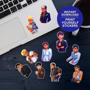 May include: A collection of die-cut stickers featuring stylized illustrations of various male characters in different outfits. The stickers are arranged on a dark surface near a laptop and a coffee cup. The stickers are available for instant download and print.