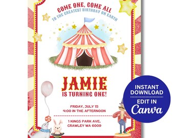 Zirkus-Geburtstagseinladung: Bearbeitbare Karnevalsparty einladen (Digital Download 5x7 "Canva Vorlage)"