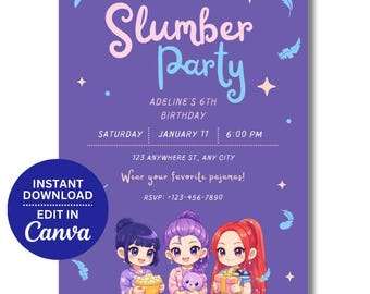 May include: Purple slumber party invitation with the text "Slumber Party" and "Adeline's 6th Birthday". The invitation includes illustrations of three girls in pajamas, stars, and feathers. The invitation also includes the text "Wear your favorite pajamas!"