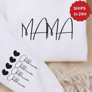 Personalized Mama Sweatshirt with Kid Names on Sleeve, Mother&#39;s Day Gift, Birthday Gift for Mom, New Mom Gift, Minimalist Cool Mom Sweater