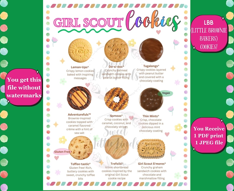 LBB Girl Scout Cookies Printable 2024 Cookie List, Girl Scout Sign Cookie Booth Menu 8.5x11