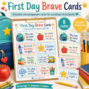 Op de afbeelding: Een set printbare First Day Brave Cards met acht kleurrijke aanmoedigingskaartjes voor kinderen. De kaarten bevatten illustraties van een rugzak, appel, kleurpotlood, ster, boeken, schoolbus en wolk met motiverende teksten voor school.