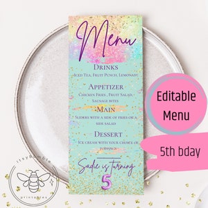 Bearbeitbare Menükarte | Geburtstag Menü | Mädchen Geburtstag Menü | Glitzer Party | Regenbogen-Geburtstags-Party | Tisch Menü Karte | Menüvorlage Sparkle