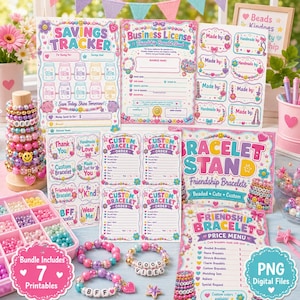 Puede incluir: Una colección de papelería imprimible para pulseras de la amistad que incluye un rastreador de ahorros, licencia comercial, formularios de pedido, menú de precios y etiquetas, junto con un soporte para pulseras y un organizador con cuentas de colores.
