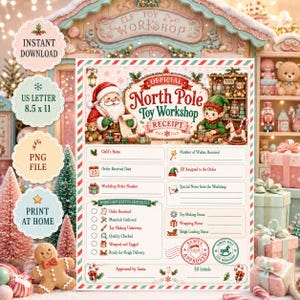 Op de afbeelding: Een printbaar ontvangstbewijs voor de speelgoedwerkplaats op de Noordpool met illustraties van de Kerstman en een elf. Het document bevat velden voor de naam van het kind, bestelgegevens en een checklist met een rood-groene rand.