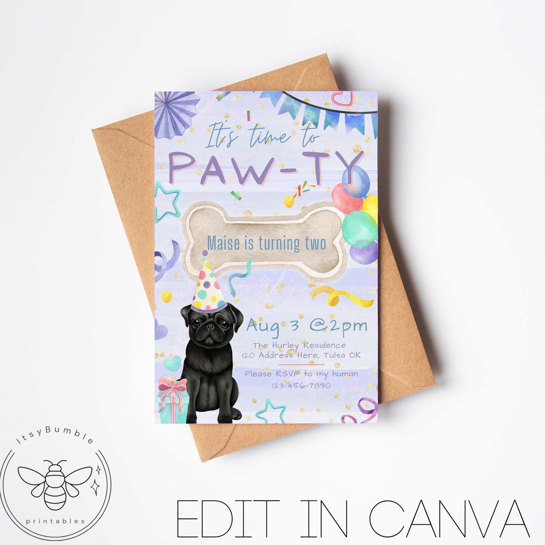 Editable Dog Birthday Party Invitation Dog Party Invite Black Pug ...