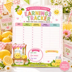 Puede incluir: Una hoja imprimible de seguimiento de ganancias para puesto de limonada con borde de cuadros rosas. El documento incluye columnas para fecha, ventas, gastos, beneficios y notas, con gráficos de un puesto, limones y un sol sonriente.