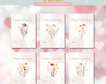 Tarjetas de San Valentín con flores secas para imprimir para niños, juego de 6 diseños, fondo marrón neutro, descarga digital DIY, San Valentín para el aula
