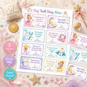 May include: A printable sheet of eight rectangular Tooth Fairy notes featuring illustrations of teeth, fairies, and stars with text including Tiny Tooth Fairy Notes, A sparkling smile deserves a special visit, and Tiny tooth, big magic.