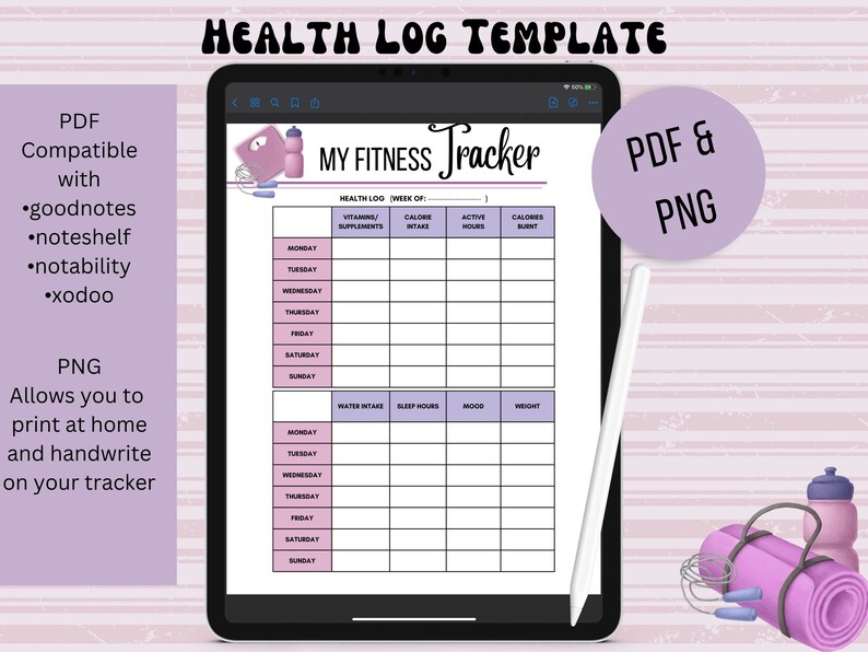 Health Log Template Exercise Tracker Insert Calorie Intake Water Intake Sleep and Mood Tracker