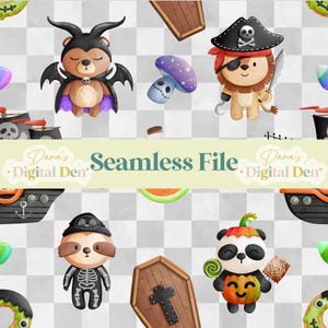 Pirate Halloween Seamless Pattern - Grey Background Repeating Design with Pirate Ship and Adorable Costume-Clad Animals - Digital Download