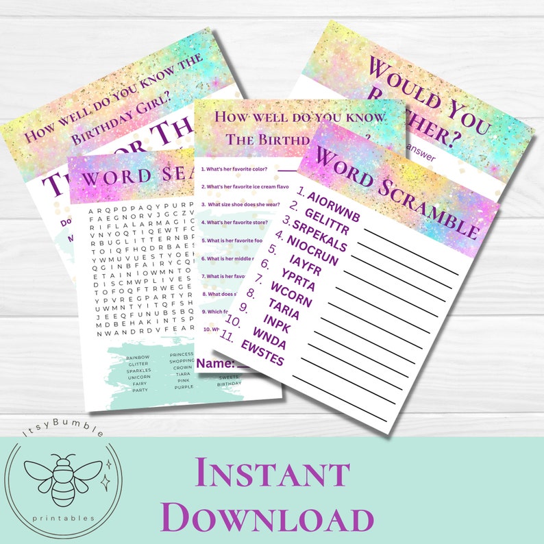 Printable Party Games for Girls Girls Birthday Party Games Rainbow ...