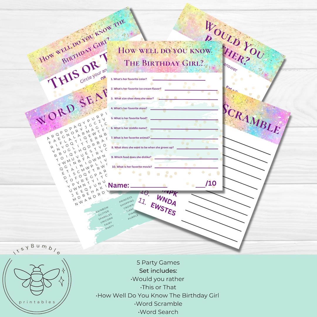 Printable Party Games for Girls | Girls Birthday Party Games | Rainbow ...