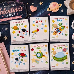 May include: A set of six rectangular printable Valentine's cards featuring space-themed illustrations of astronauts, planets, rockets, and telescopes. Each card includes colourful text such as You're out of this world, You're a STAR, and Happy Valentine's DAY.