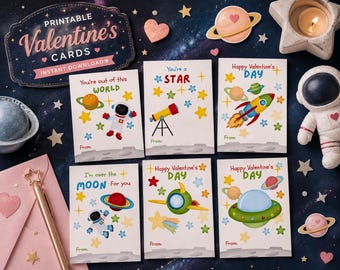Biglietti di San Valentino a tema spaziale per lo scambio in classe - Set di 6 - Disegni stampabili di razzi, pianeti e astronauti