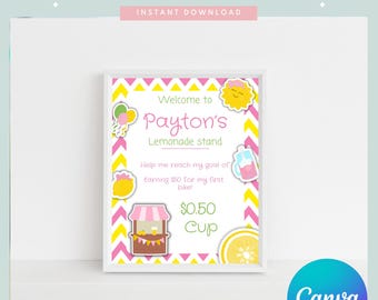 Letrero de puesto de limonada imprimible / Plantilla de Canva editable / Letrero de bar de limonada / Actividad de verano para niños / Recaudación de fondos de verano / Descarga instantánea