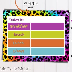 Instant Download | Daily Menu | Printable Menu Card | Tie Dye Leopard | Editable Menu | Daycare Provider Menu Card | Family Menu Template
