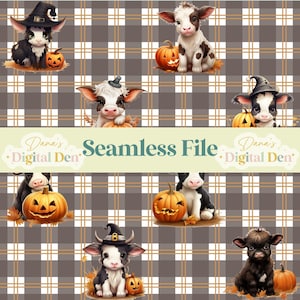 Halloween Cow Seamless Pattern Digital Download - Cute and Spooky Farm-Inspired Design for Crafts ,Plaid Background  - High Quality JPG File
