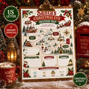 Può includere: Una mappa di consegna della vigilia di Natale di Babbo Natale stampata su carta e fissata su una cartellina di legno. La mappa presenta un percorso illustrato in rosso e verde, un cartello Polo Nord, una slitta e sezioni per scrivere.