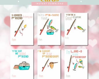 Tarjetas de pesca para el día de San Valentín para niños imprimibles / 6 diseños divertidos / Descarga digital / Intercambio en el aula