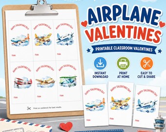 子供向け印刷可能飛行機バレンタインカード、教室用バレンタインカード、航空バレンタイン交換カード、学校用バレンタインカード、即時ダウンロード