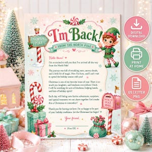 Könnte beinhalten: Eine Weihnachtsbriefvorlage mit der Überschrift I'm Back! From the North Pole, illustriert mit einem Elfen, einem Nordpol-Schild, einem rosa Briefkasten, Zuckerstangen und Geschenken. Der Text enthält eine Nachricht über die Weihnachtszeit.