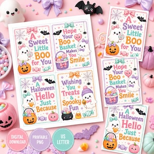 Halloween Mini Note Cards Printable, Boo Basket Cards, Pastel Ghost Gift Notes, Cute Halloween Treat Bag Cards