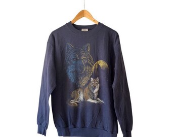 Vintage Navy Wolf & Moon Sweatshirt, 90s Wolf Graphic Pullover , Wolf Wilderness Fan Gifts, Gift For Her, Gift for Him
