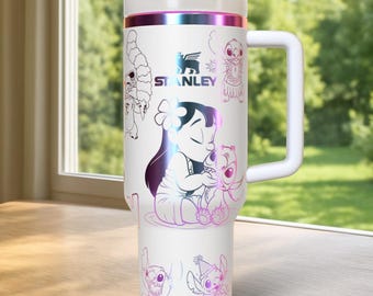 Vaso de 40 oz con grabado láser de un pequeño extraterrestre azul, Lilo y Ángel. Imitación de un lindo extraterrestre azul de 40 oz. Vaso de Stitch. Vaso grabado.