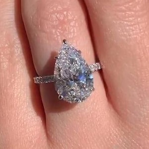 3 CT Pear Shape Moissanite Engagement Ring in 14K Solid Yellow Gold, Pear Cut Hidden Halo Pear Drop Pave Setting Anniversary Gift